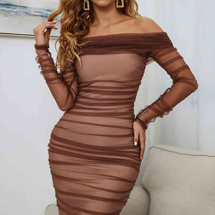 Off-Shoulder Ruched Long Sleeve Tulle Dress