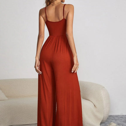 Decorative Button Spaghetti Strap Wide Leg Jumpsuit