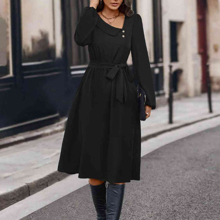 Buttoned Tie Front Long Sleeve Asymmetrical Neck Dress