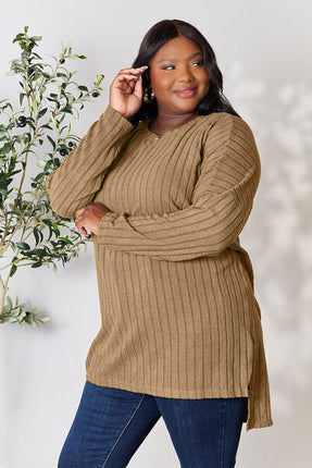 Basic Bae Full Size Ribbed Round Neck Long Sleeve Slit Top - Vickie Lynn's