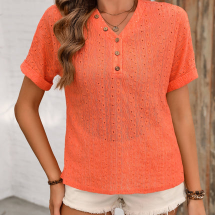 Eyelet V-Neck Short Sleeve Top