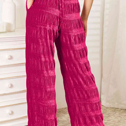 Double Take Full Size High Waist Tiered Shirring Velvet Wide Leg Pants - Vickie Lynn's