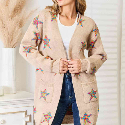 Double Take Star Pattern Open Front Longline Cardigan
