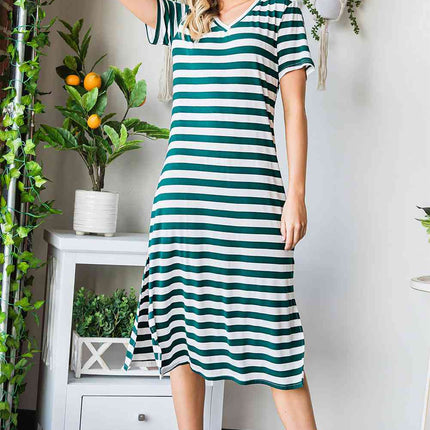 Striped V-Neck Short Sleeve Side Slit Dress