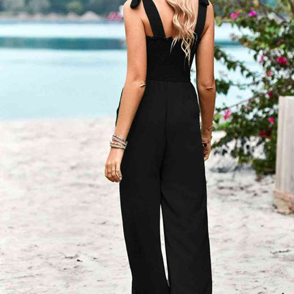 Frill Trim Tie Shoulder Wide Leg Jumpsuit with Pockets