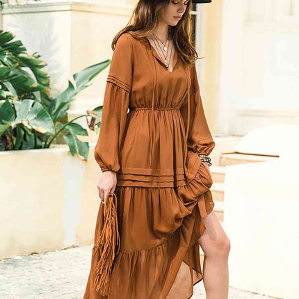 Tie Neck Long Sleeve Midi Tiered Dress