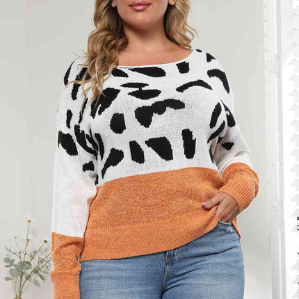 Plus Size Leopard Round Neck Long Sleeve Sweater