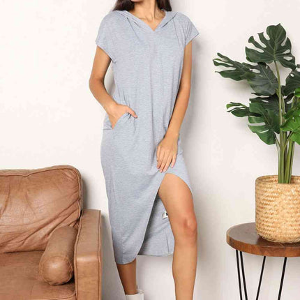 Double Take Short Sleeve Front Slit Hooded Dress - Vickie Lynn's