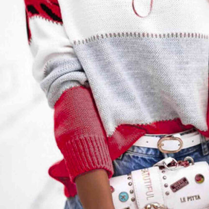 Full Size Round Neck Dropped Shoulder Color Block Sweater