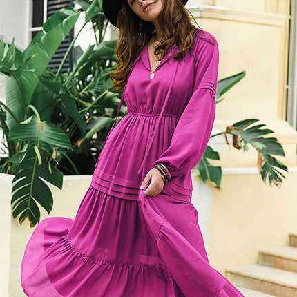 Tie Neck Long Sleeve Midi Tiered Dress