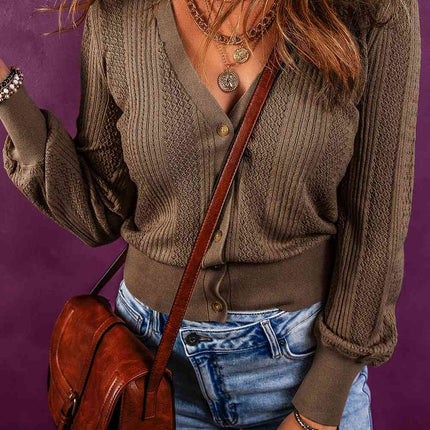 Button Up V-Neck Long Sleeve Cardigan