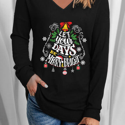Letter Graphic V-Neck Long Sleeve T-Shirt