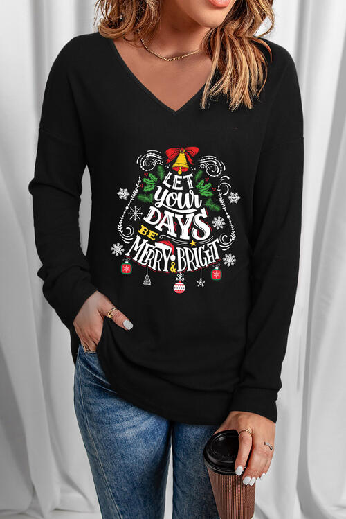 Letter Graphic V-Neck Long Sleeve T-Shirt