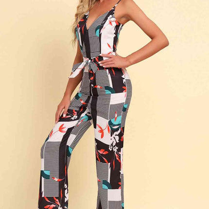 Printed Spaghetti Strap Tied Jumpsuit