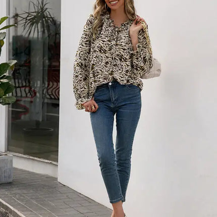 Women's Leopard Print Long Sleeve V-Neck Shirt Top