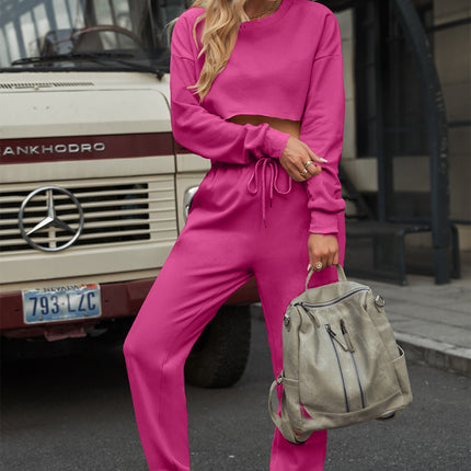 Round Neck Long Sleeve Cropped Top and Pants Set