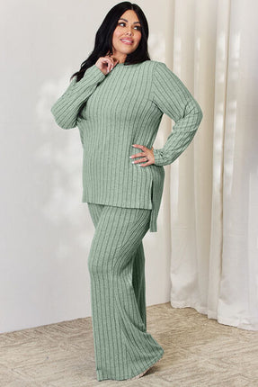 Basic Bae Full Size Ribbed High-Low Top and Wide Leg Pants Set - Vickie Lynn's