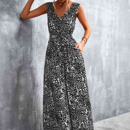 Printed V-Neck Tie Waist Maxi Dress