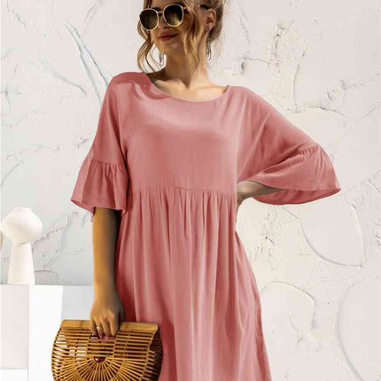 Boat Neck Flounce Sleeve Knee-Length Dress