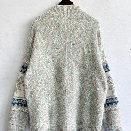 Geometric Mock Neck Dropped Shoulder Sweater