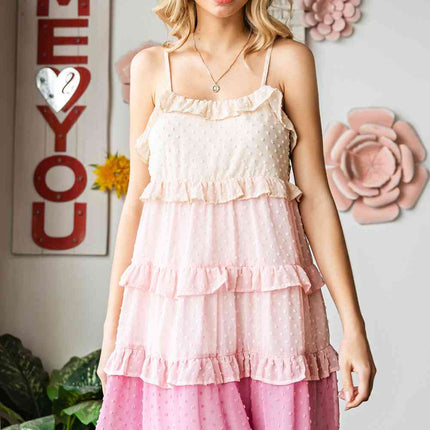 Color Block Swiss Dot Ruffled Tiered Spaghetti Strap Dress