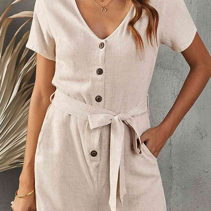 V-Neck Short Sleeve Tie Belt Romper with Pockets