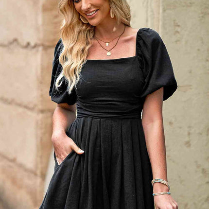 Square Neck Pleated Romper with Pockets