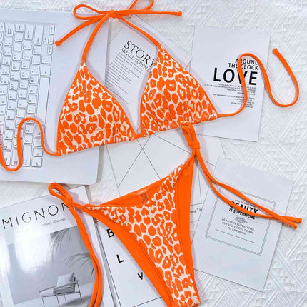 Leopard Print Halter Neck Tie Side Bikini Set