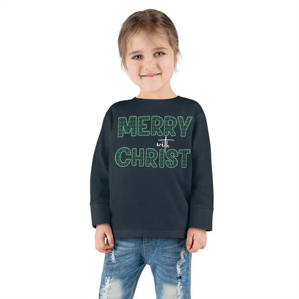 Long Sleeve Graphic T-Shirt for Toddlers, Merry With Christ, Green Plaid Christmas Holiday Pattern Print