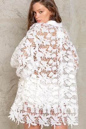 POL Lace Crochet Balloon Sleeve Button Down Shirt