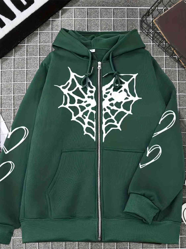 Spiderweb Graphic Drawstring Zip Up Hooded Jacket