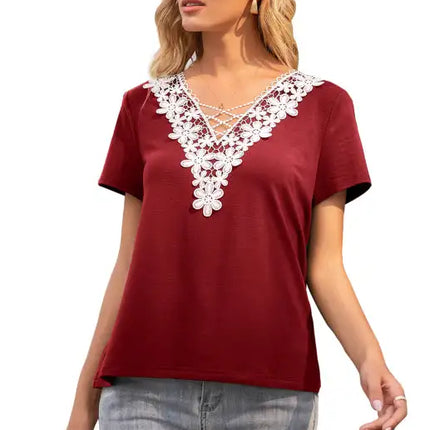 Women's Sexy Deep V Neck Cutout Lace Panel T-Shirt