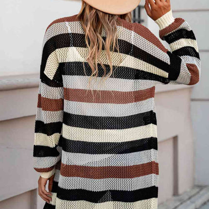 Full Size Striped Long Sleeve Openwork Cardigan