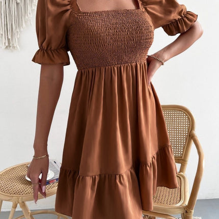 Smocked Square Neck Short Sleeve Dress