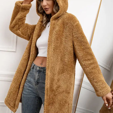 Gabardina con capucha y cárdigan de longitud media de lana de cordero para mujer 