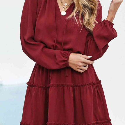 Tied Frill Trim Puff Sleeve Mini Dress