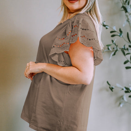 Plus Size Eyelet Round Neck Short Sleeve Blouse