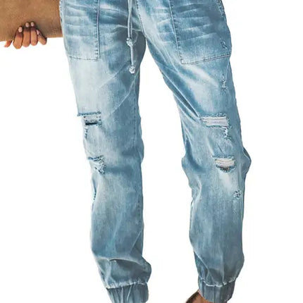 Women's Jeans With Ripped Drawstring Elastic Waist And Washed