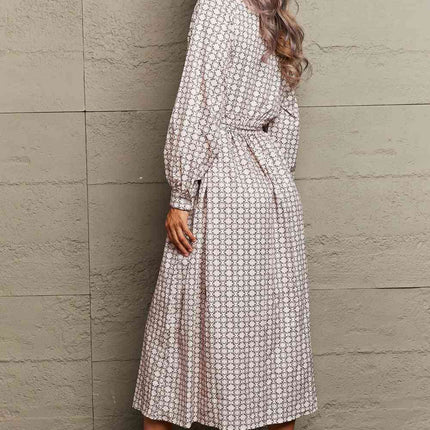 Printed Tie Waist Long Sleeve Dress - Vickie Lynn's