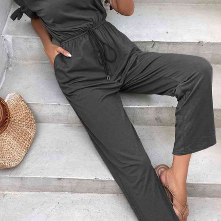 Off-Shoulder Tie Cuff Jumpsuit with Pockets