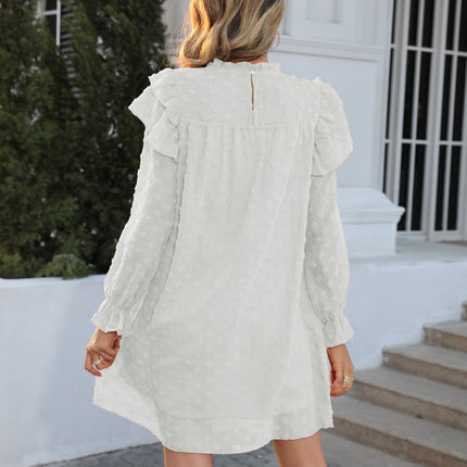 Swiss Dot Mock Neck Flounce Sleeve Dress