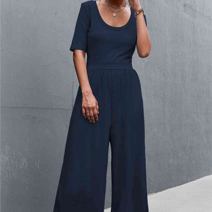 Scoop Neck Half Sleeve Wide Leg Jumpsuit