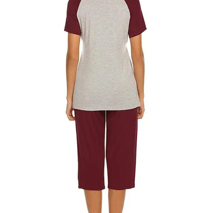 Women's short sleeve contrast button breast-feeding top adjustable Capri Pajama suit