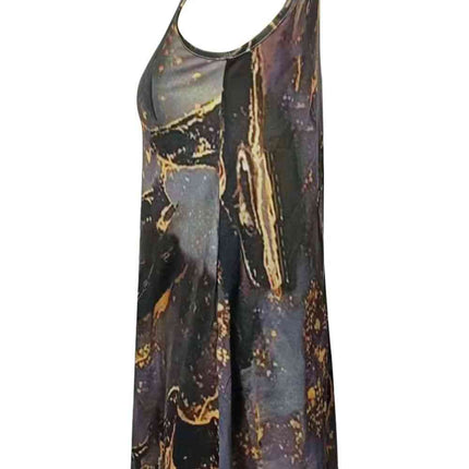 Abstract Print Round Neck Sleeveless Dress with Pockets