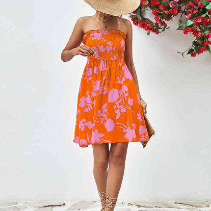 Floral Frill Trim Strapless Smocked Dress