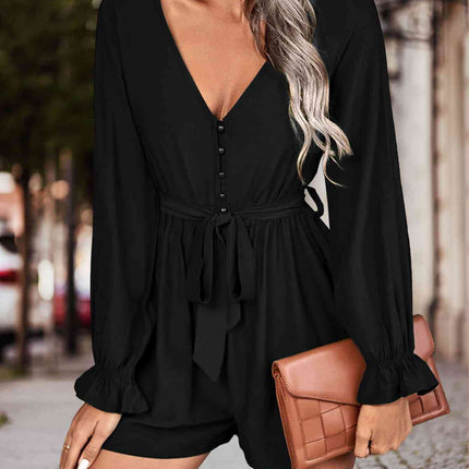 Long Flounce Sleeve V-Neck Romper