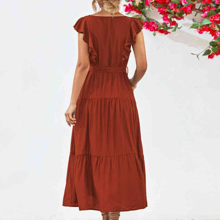 Tie Belt Ruffled Tiered Dress