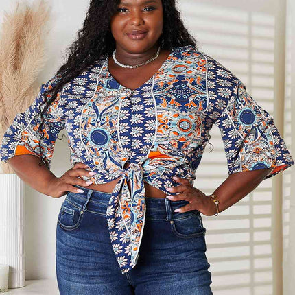 Double Take Tie Hem V-Neck Three-Quarter Sleeve Blouse - Vickie Lynn's