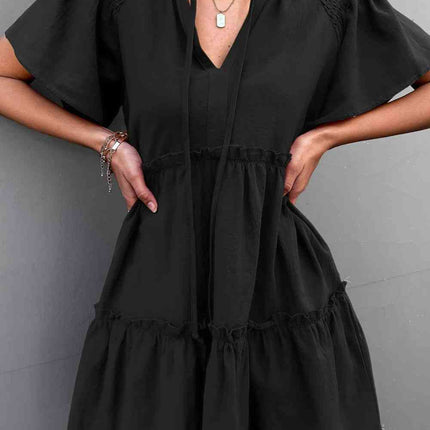 Frill Trim Smocked Tie Neck Dress