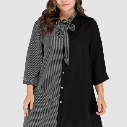 Plus Size Striped Color Block Tie-Neck Dress - Vickie Lynn's